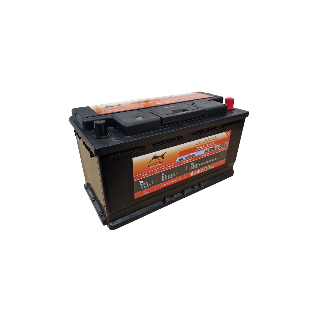 Predator 12V 110Ah Low Box Lead Acid Battery - left